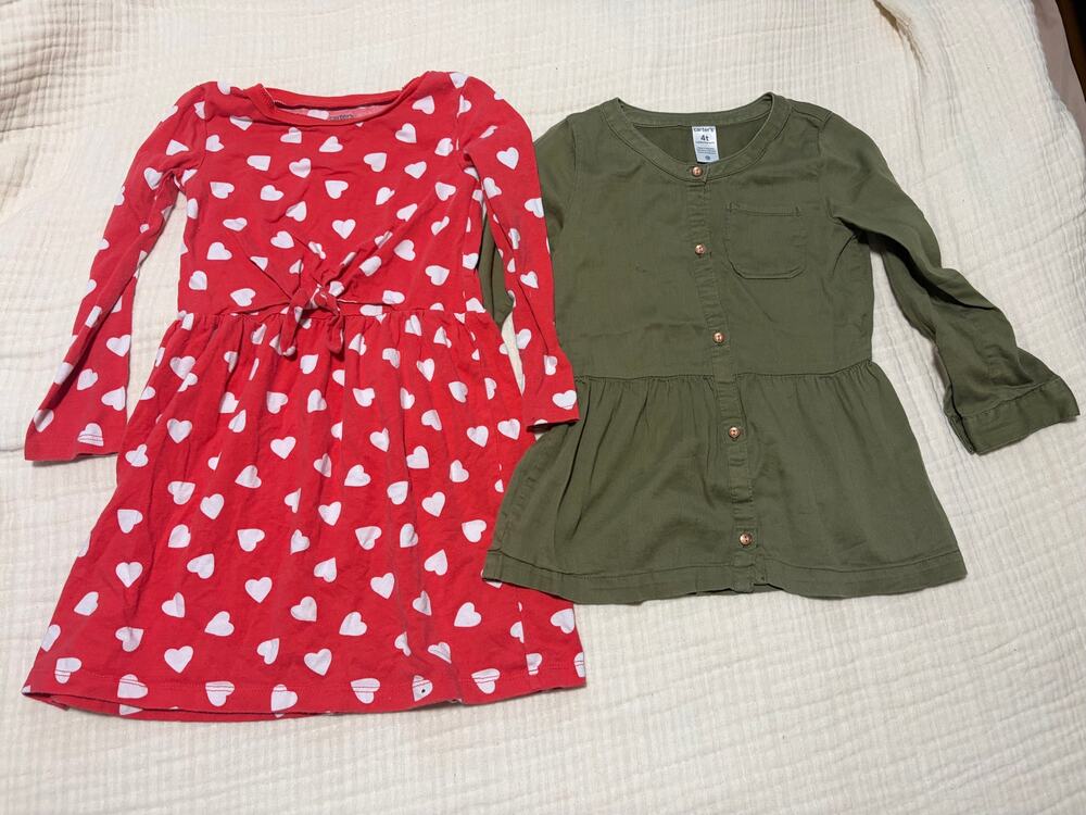 Carter's Girls 4T Dress Lot of 2 Red Heart Valentine Olive Green Fall
